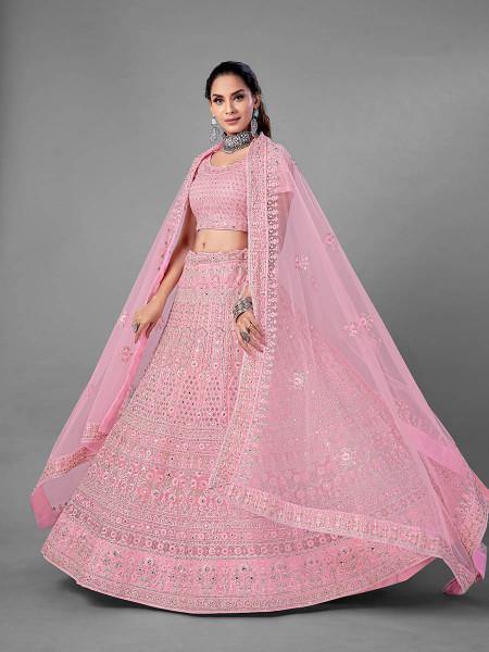 Myra Pink Heavy Embroidered Soft Net bridal Lehenga