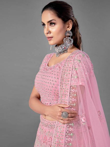 Myra Fashion Pink Heavy Embroidered Soft Net Bridal Lehenga online