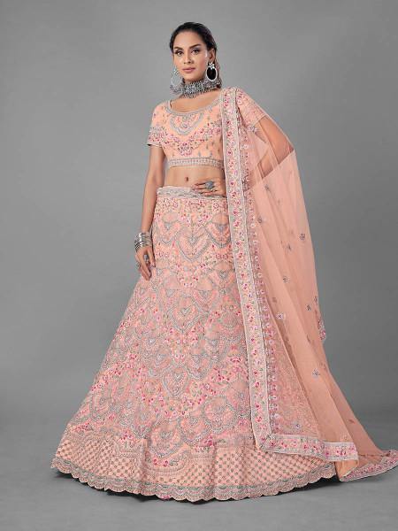 Myra Peach Heavy Embroidered Soft Net bridal Lehenga