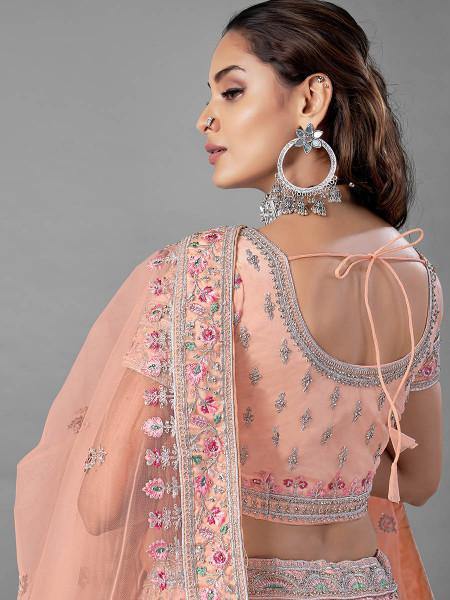 Myra Peach Heavy Embroidered Soft Net Bridal Lehenga For Women