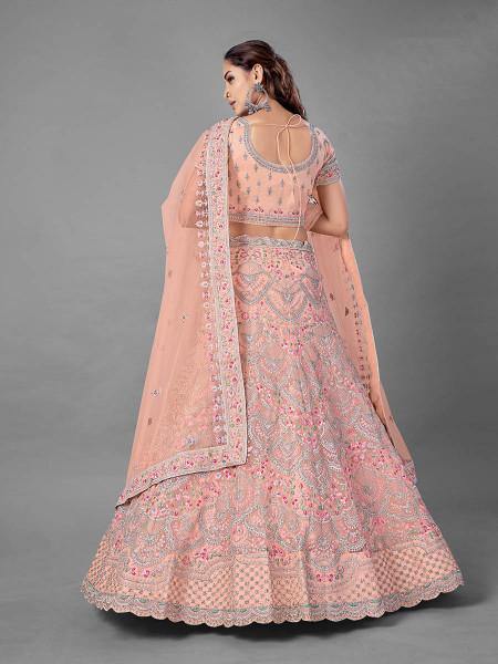 Myra Peach Heavy Embroidered Soft Net Bridal Lehenga For Women