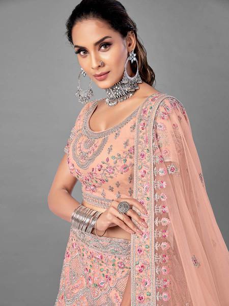 Myra Peach Heavy Embroidered Soft Net bridal Lehenga