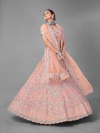 Myra Peach Heavy Embroidered Soft Net Bridal Lehenga For Women