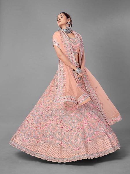 Myra Peach Heavy Embroidered Soft Net bridal Lehenga