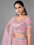 Myra Pink Heavy Embroidered Soft Net Bridal Lehenga For Girls