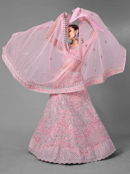 Myra Pink Heavy Embroidered Soft Net Bridal Lehenga For Girls
