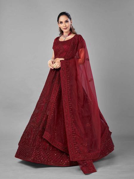 Red Heavy Embroidered Soft Net Bridal Lehenga