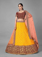 Myra Musturd Heavy Embroidered Soft Net and Velvet bridal Lehenga