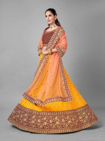 Myra Musturd Heavy Embroidered Soft Net and Velvet Bridal 