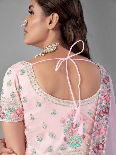 Beautiful Pink Heavy Embroidered Soft Net Bridal 