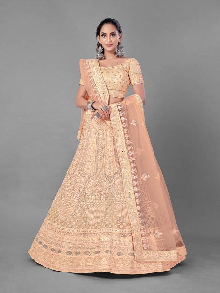 Myra Fashion Peach Heavy Embroidered Soft Net Bridal Lehenga