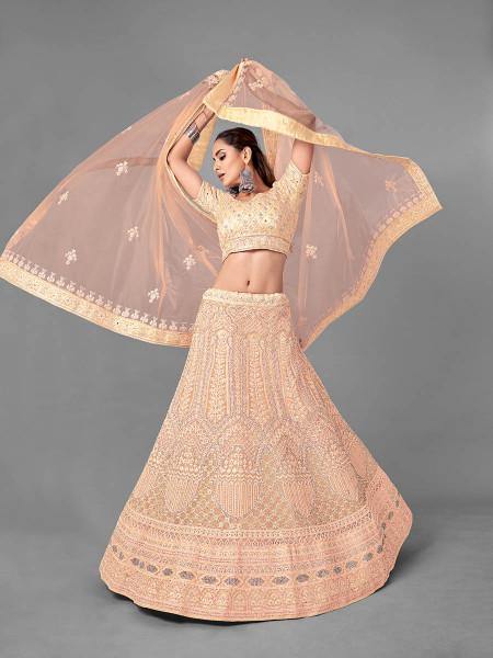 Myra Fashion Peach Heavy Embroidered Soft Net Bridal 