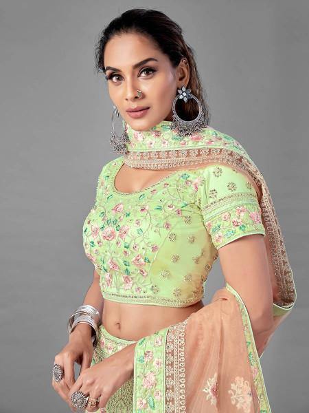 Myra Bridal Lehenga in Pista Heavy Embroidered Soft Net Online