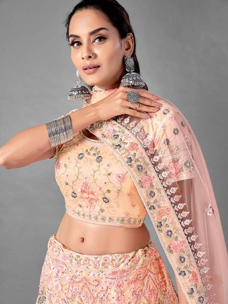 Myra Beautiful Peach Heavy Embroidered Soft Net Traditional Bridal Lehenga Online