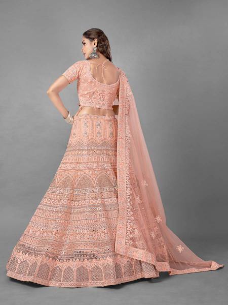 Beautiful Peach Heavy Embroidered Soft Net Bridal Lehenga