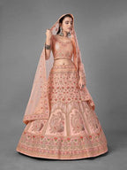Myra Peach Heavy Embroidered Satin Bridal Lehenga