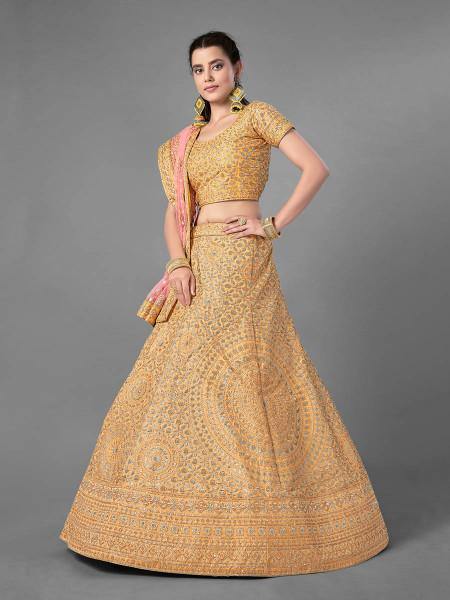 Myra Latest Yellow Heavy Embroidered Art Silk Bridal 
