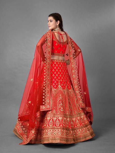 Myra Red Heavy Embroidered Satin Bridal Lehenga