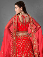 Myra Red Heavy Embroidered Satin Bridal Lehenga