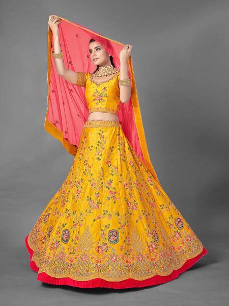 Beautiful Yellow Heavy Embroidered Art Silk Bridal LehengaMyra 