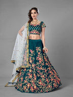 Myra Rama Green Heavy Embroidered Satin Velvet Bridal Lehenga