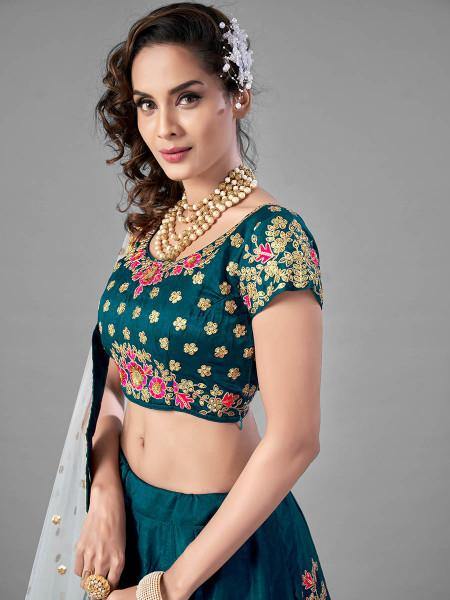 Myra Rama Green Heavy Embroidered Satin Velvet Bridal Lehenga