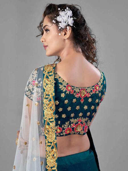 Myra Rama Green Heavy Embroidered Satin Velvet Bridal Lehenga