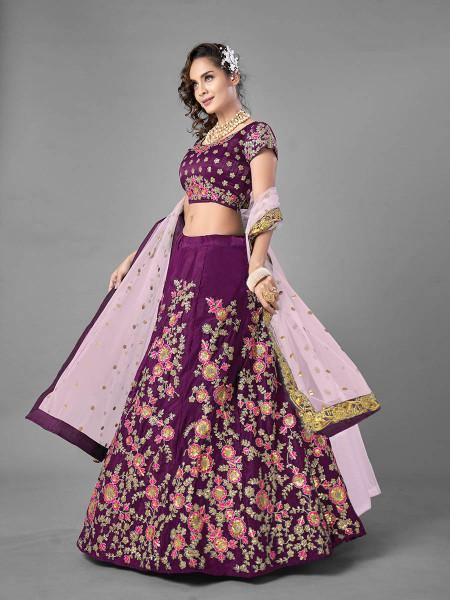 Myra Purple Heavy Embroidered Satin Velvet Bridal Lehenga