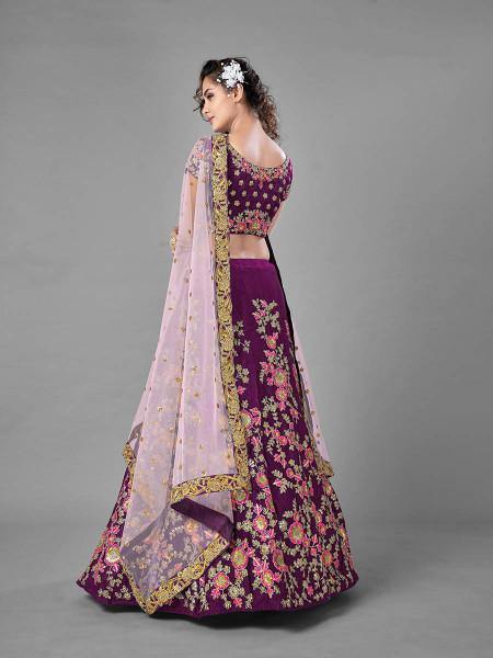 Myra Purple Heavy Embroidered Satin Velvet Bridal Lehenga