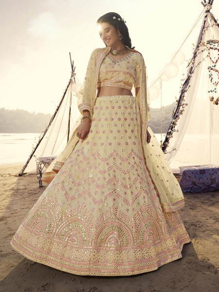 Myra Light Yellow Embroidered Organza Bridal Lehenga online