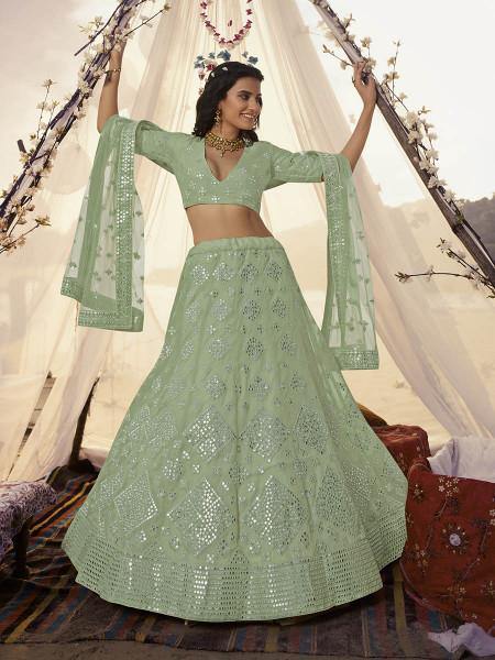 Myra Pista Embroidered Organza Bridal Lehenga