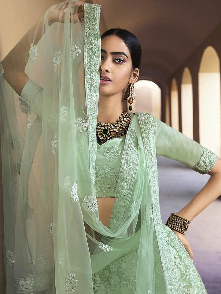 Myra Green Heavy Embroidered Soft Net bridal Lehenga