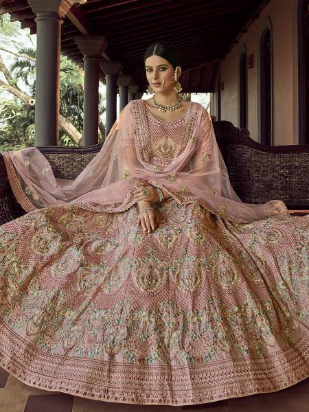 Beautiful Peach Heavy Embroidered Georgette Bridal Lehenga