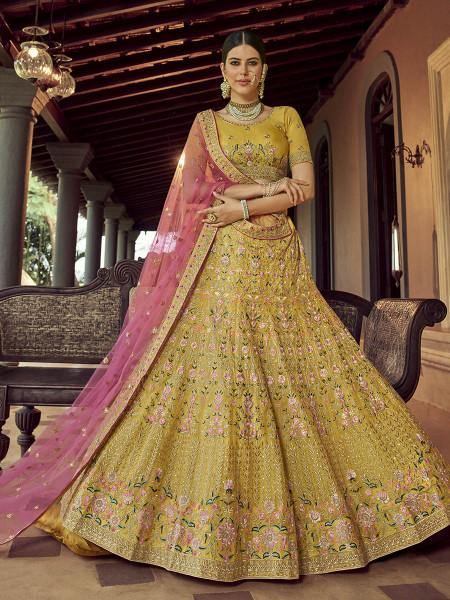 Myra Mustard Heavy Embroidered Georgette bridal Lehenga