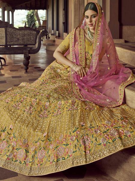 Myra Mustard Heavy Embroidered Georgette bridal Lehenga