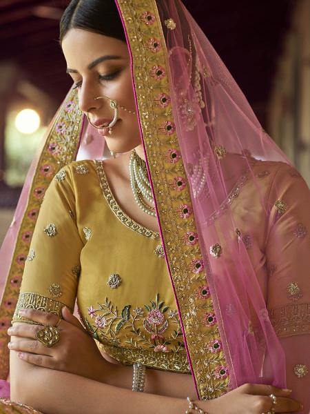Myra Mustard Heavy Embroidered Georgette Bridal Lehenga online