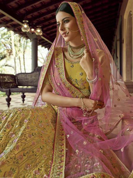 Myra Mustard Heavy Embroidered Georgette bridal Lehenga
