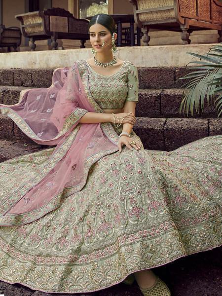 Green Heavy Embroidered Georgette Bridal Lehenga
