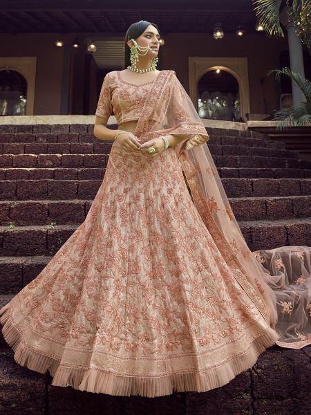 Myra Peach Heavy Embroidered Georgette Bridal Lehenga