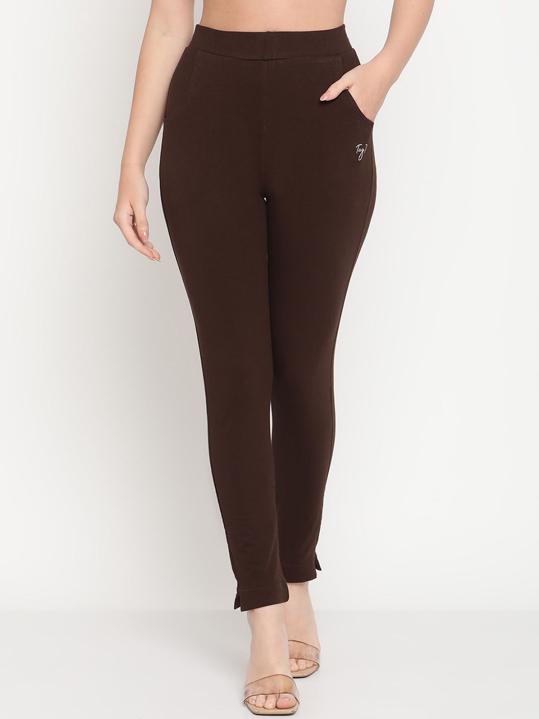 TAG 7 Women Navy Blue & Brown Pack Of 2 Solid Comfort-Fit Ankle-Length Leggings