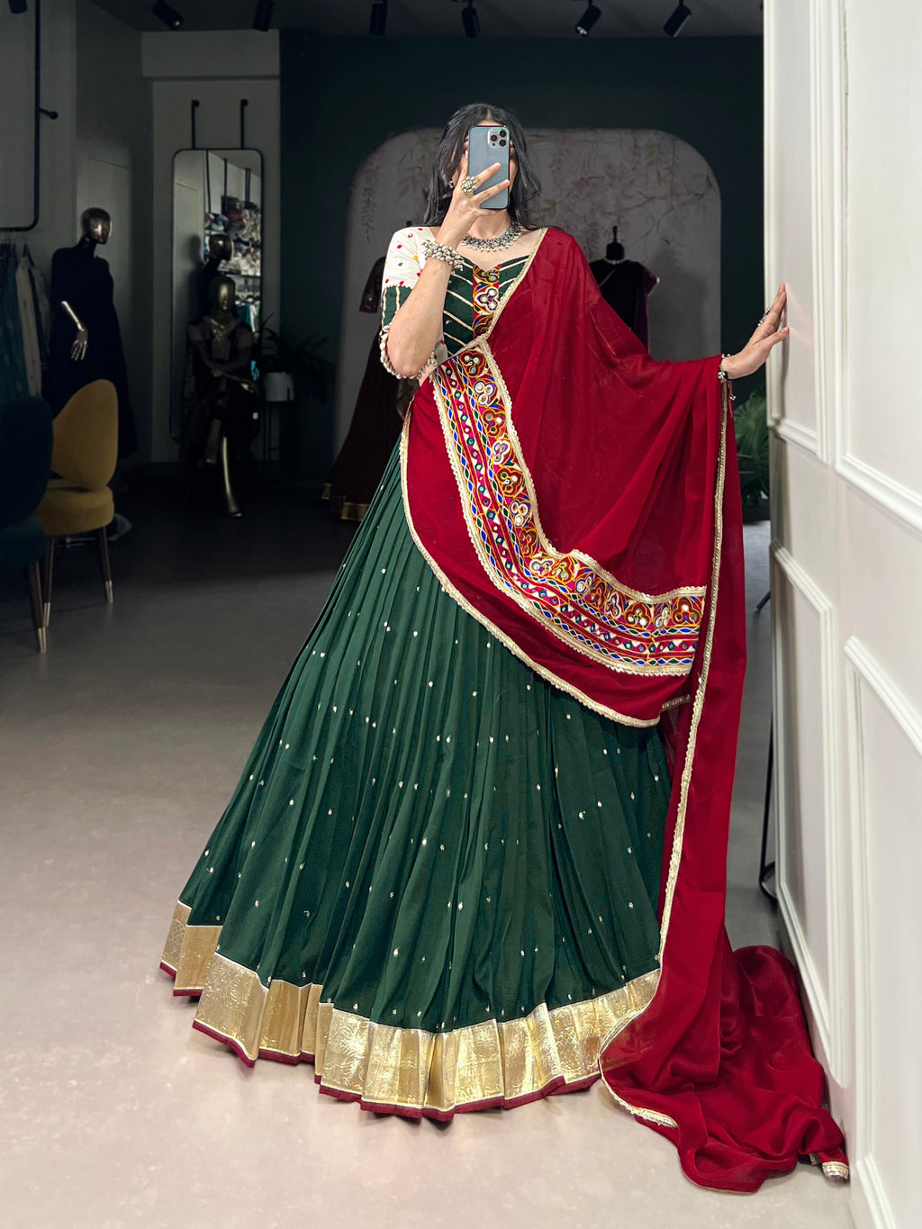 Lorenvalley Green Chiffon Sequins And Thread Embroidery Work With Embossed Design Lace Touch Up Lehenga Choli with Dupatta