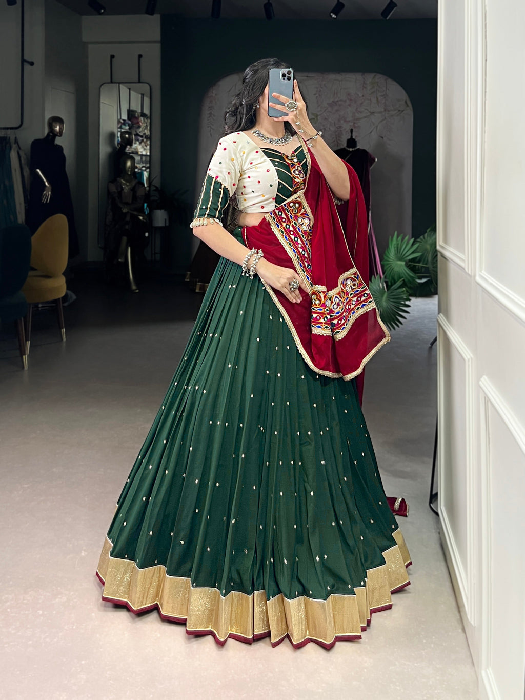 Lorenvalley Green Chiffon Sequins And Thread Embroidery Work With Embossed Design Lace Touch Up Lehenga Choli with Dupatta