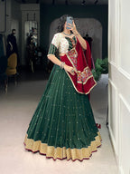 Lorenvalley Green Chiffon Sequins And Thread Embroidery Work With Embossed Design Lace Touch Up Lehenga Choli with Dupatta