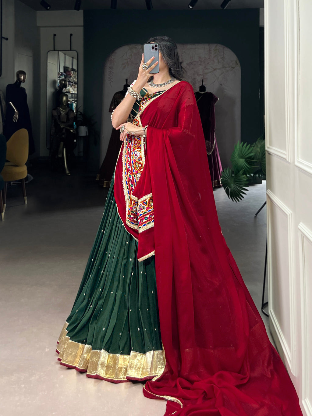 Lorenvalley Green Chiffon Sequins And Thread Embroidery Work With Embossed Design Lace Touch Up Lehenga Choli with Dupatta