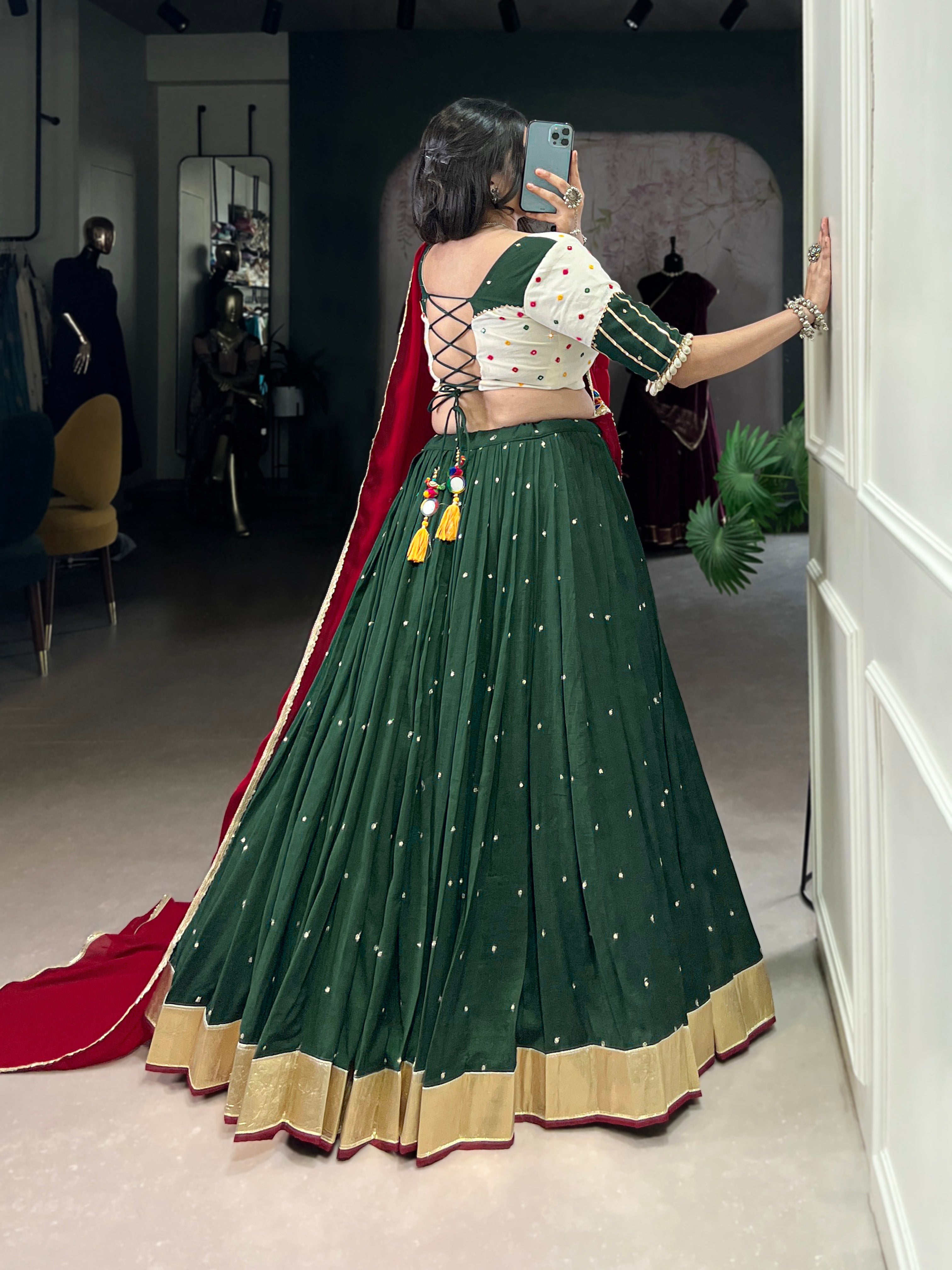 Lorenvalley Green Chiffon Sequins And Thread Embroidery Work With Embossed Design Lace Touch Up Lehenga Choli with Dupatta