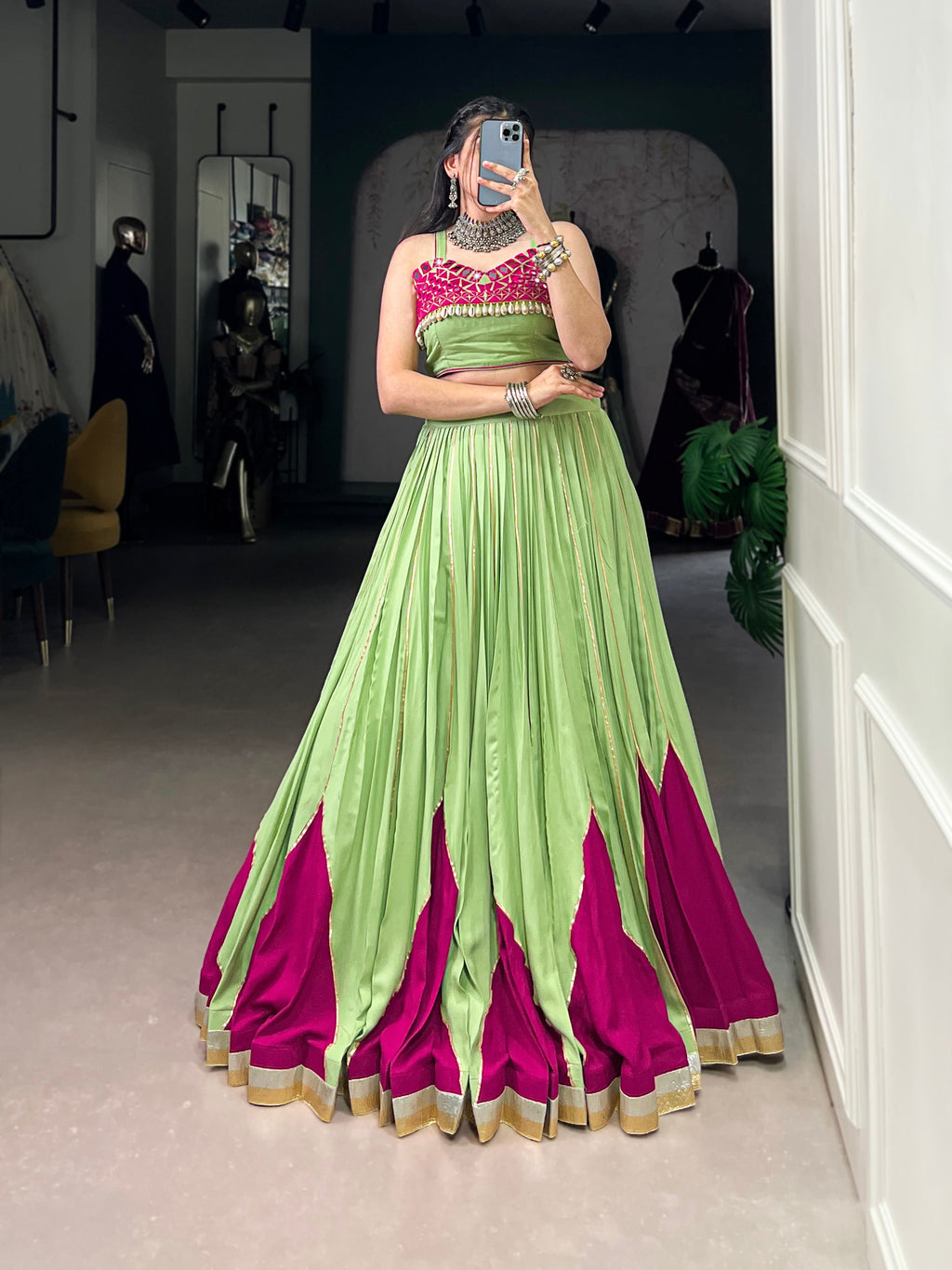 Lorenvalley Fashion Parrot Pure Rayon Embossed Design With Gotta Patti Lace Touch Up Lehenga Choli