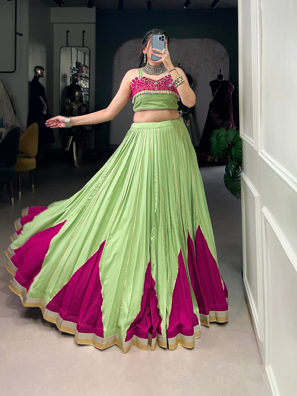 Lorenvalley Fashion Parrot Pure Rayon Embossed Design With Gotta Patti Lace Touch Up Lehenga Choli
