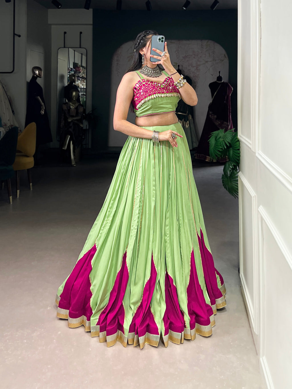 Lorenvalley Fashion Parrot Pure Rayon Embossed Design With Gotta Patti Lace Touch Up Lehenga Choli