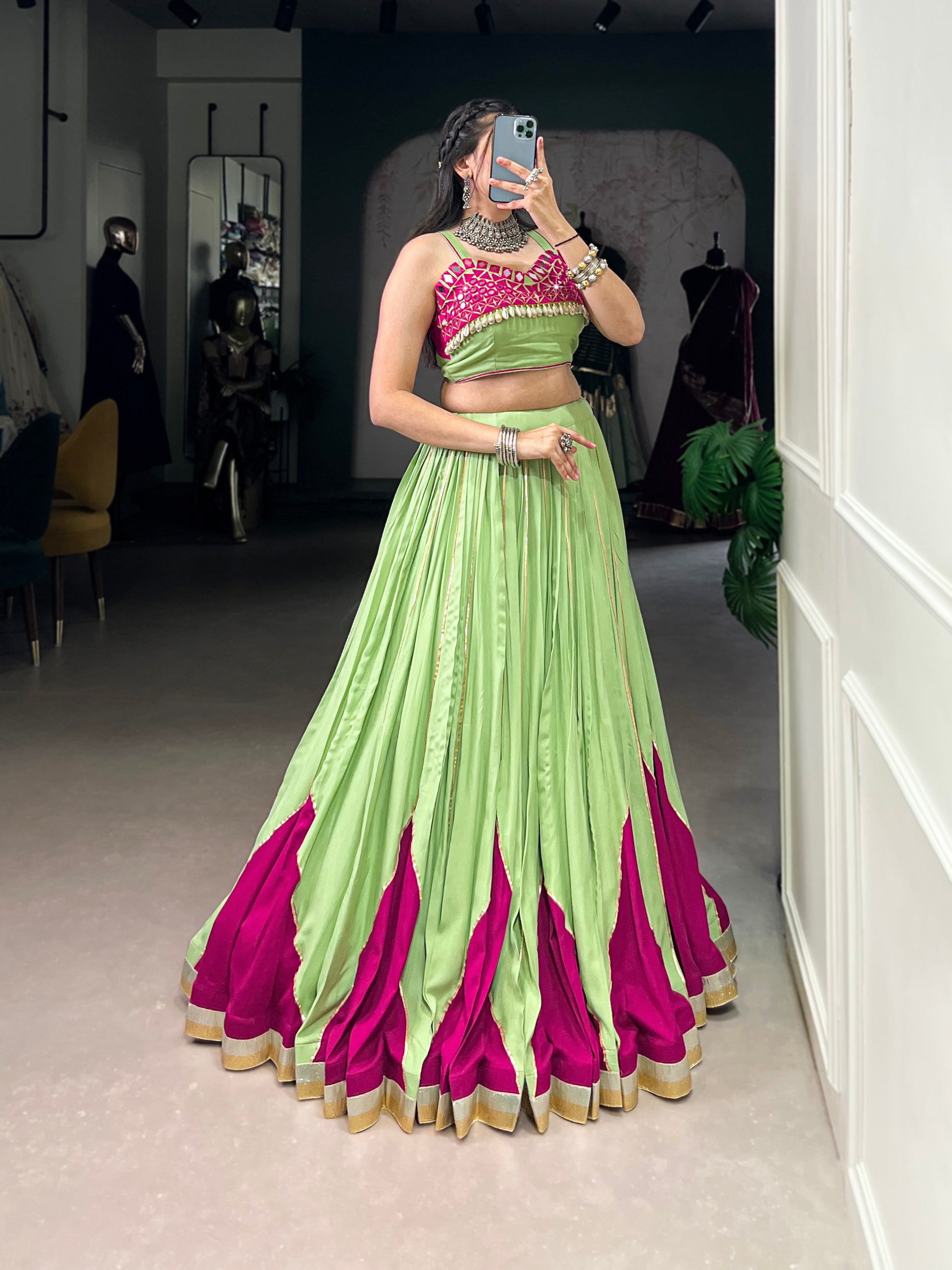 Lorenvalley Fashion Parrot Pure Rayon Embossed Design With Gotta Patti Lace Touch Up Lehenga Choli