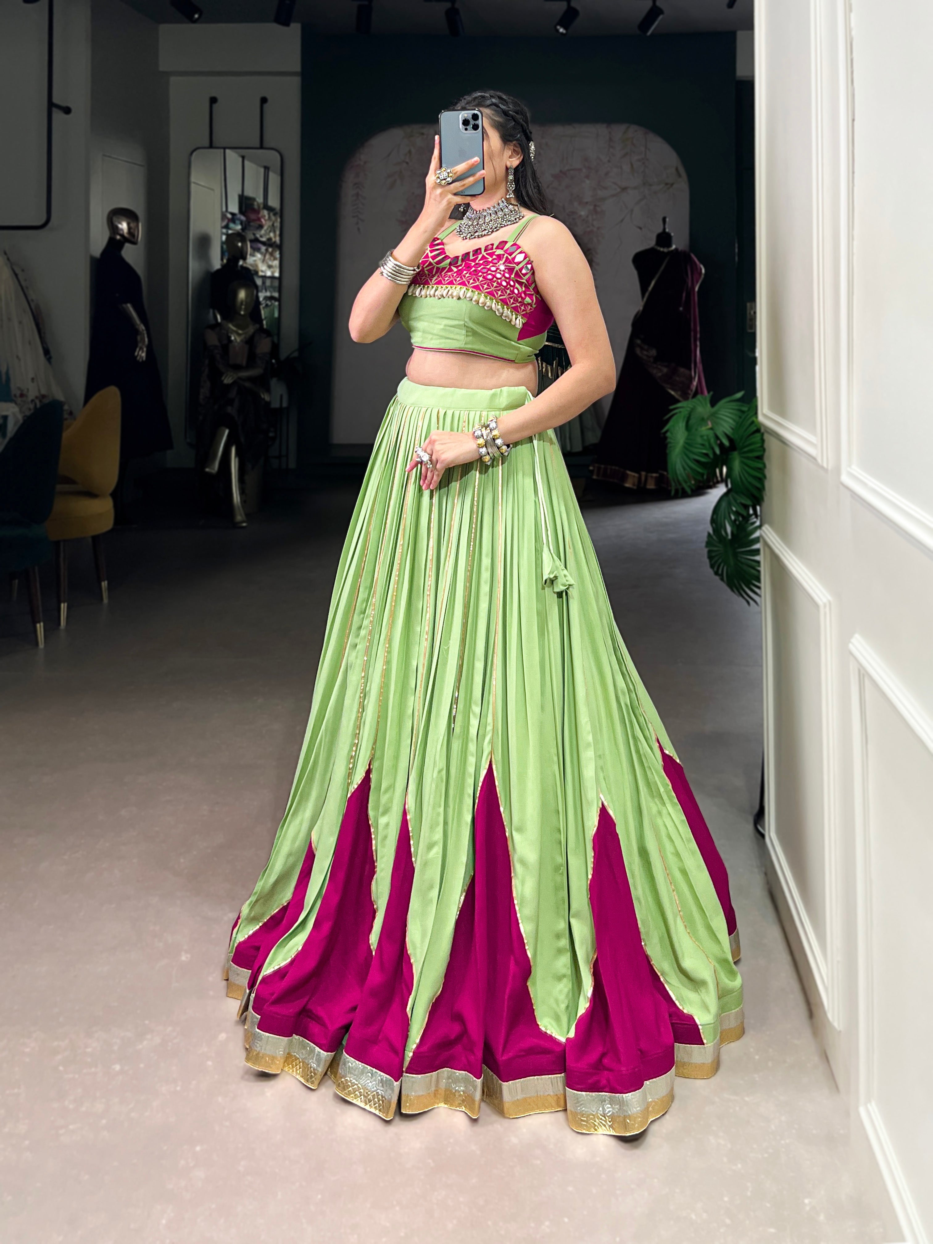 Lorenvalley Fashion Parrot Pure Rayon Embossed Design With Gotta Patti Lace Touch Up Lehenga Choli